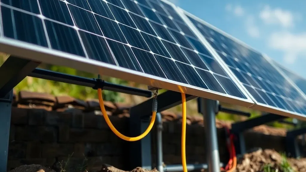 Sistema de aterramento em instalação solar residencial com cabo verde-amarelo conectado à estrutura metálica