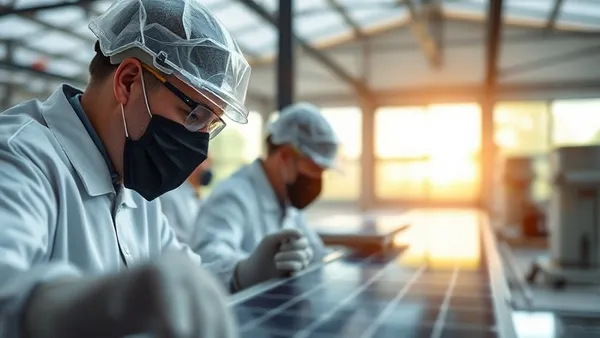 Laboratório de testes de módulos solares fotovoltaicos com painéis em bancada e equipamentos de medição