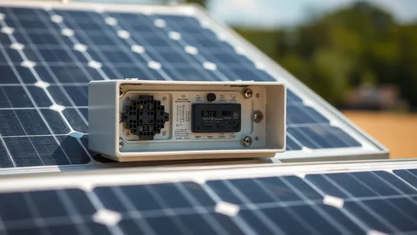 Caixa de junção na traseira de um módulo solar com tampa e cabos de saída em close