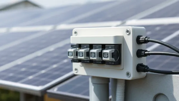 Porta-fusível e fusíveis gPV instalados em string box de sistema solar fotovoltaico