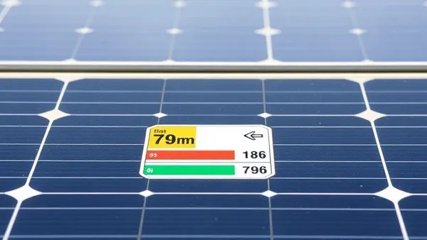 Etiqueta traseira de módulo fotovoltaico mostrando dados de potência e classe de garantia sob luz natural