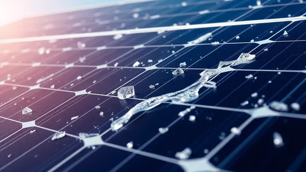 Módulos solares fotovoltaicos cobertos de granizo após tempestade, mostrando superfície de vidro intacta e estrutura molhada