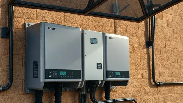 Inversor solar residencial instalado em parede com cabos fotovoltaicos conectados