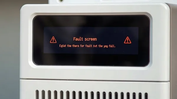 Tela de inversor solar exibindo mensagem de erro de isolamento com código de falha em display digital