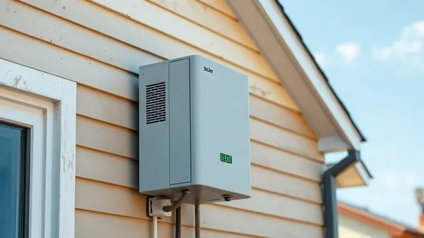 Inversor solar fixado em parede externa de casa, sob beiral