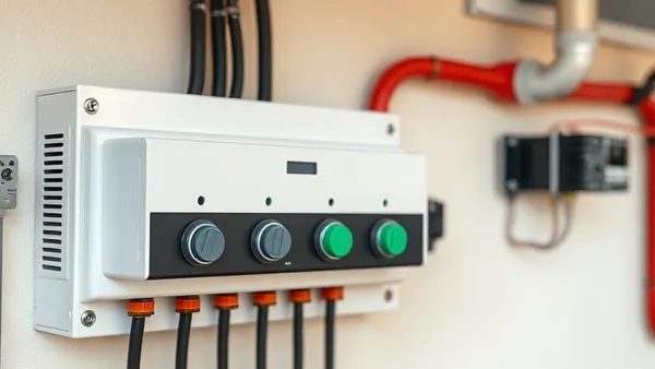 Inversor solar instalado em parede ao lado de quadro elétrico trifásico com cabeamento organizado