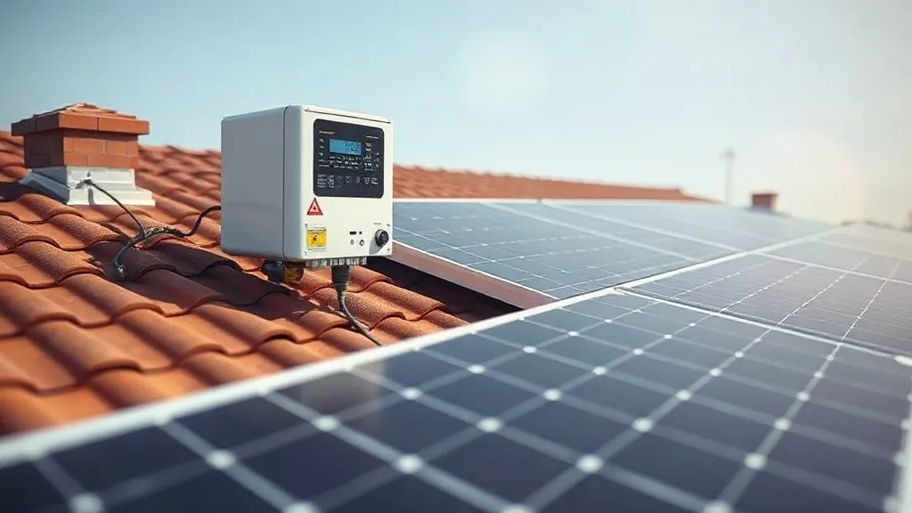Microinversor Enphase IQ8 instalado na parte traseira de módulo fotovoltaico em telhado residencial com céu parcialmente nublado