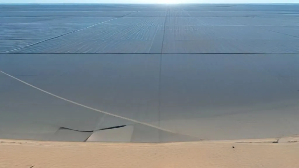 Fileiras extensas de painéis solares fixados em estrutura de rastreamento sobre terreno aberto