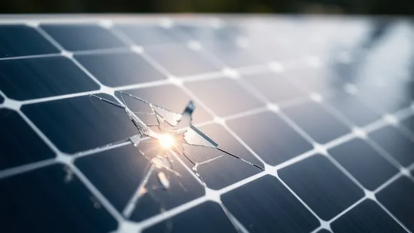 Painel solar fotovoltaico em close com vidro superficial visível, detalhe de estrutura de célula