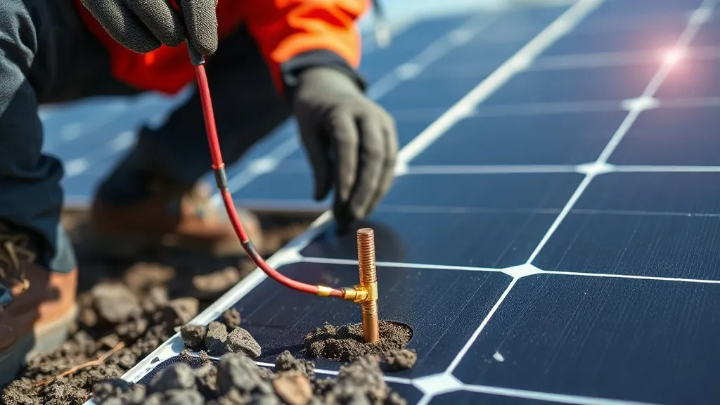Técnico instalando haste de aterramento de cobre ao lado de inversor solar montado em parede externa