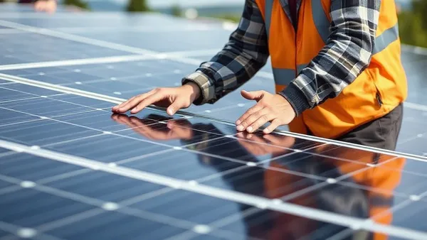 Consultor financeiro e instalador solar analisando proposta de orçamento em mesa com documentos e tablet, discutindo valores do projeto fotovoltaico