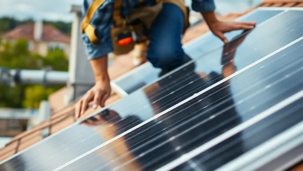 Pessoa instalando painéis solares no telhado com ferramentas