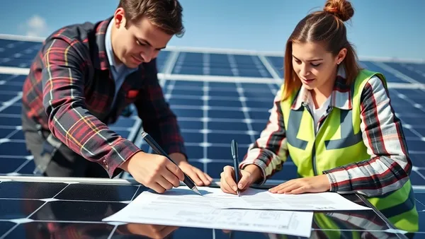 Contrato de instalação solar sobre mesa com caneta e calculadora, representando direitos do consumidor no setor fotovoltaico