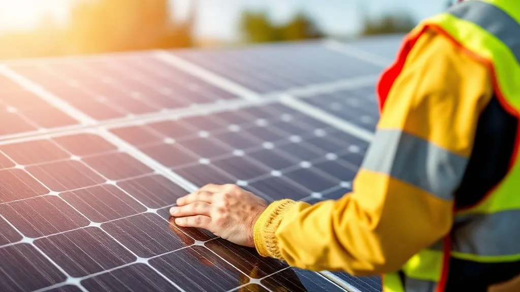 Técnico em equipamentos de segurança realizando inspeção em sistema fotovoltaico instalado em telhado residencial