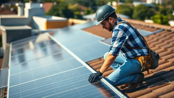 Técnico de energia solar analisando contrato e papelada em telhado residencial