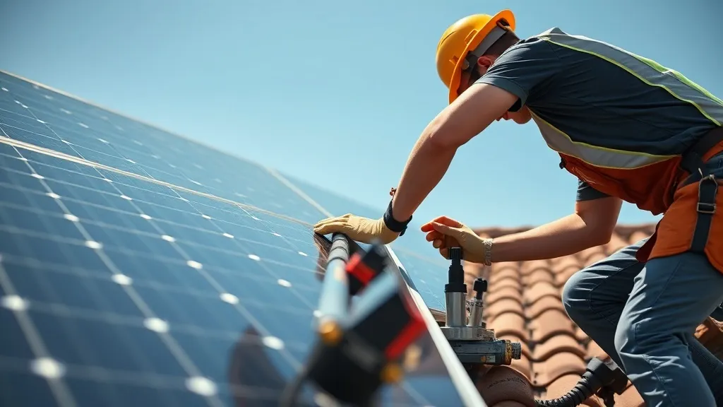 Técnico medindo o ângulo de inclinação de painéis solares instalados no telhado com instrumento de nível