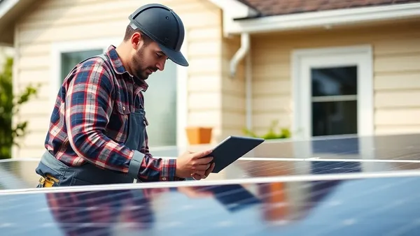Técnico solar em uniforme realizando avaliação em telhado residencial com prancheta e trena, identificando pontos de fixação dos módulos