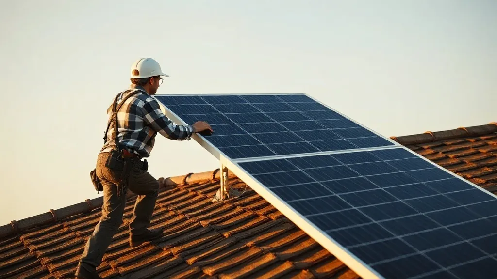 Homem instalando painel solar sozinho no telhado residencial com ferramentas, sem equipe de instaladores