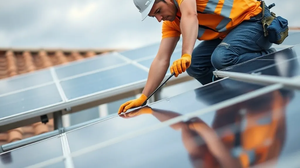 Técnico em telhado residencial limpando módulos fotovoltaicos com rodo e água desmineralizada durante manutenção preventiva