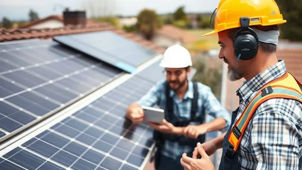 Proprietário inspecionando instalação de painéis solares no telhado ao lado de técnico durante vistoria de recebimento