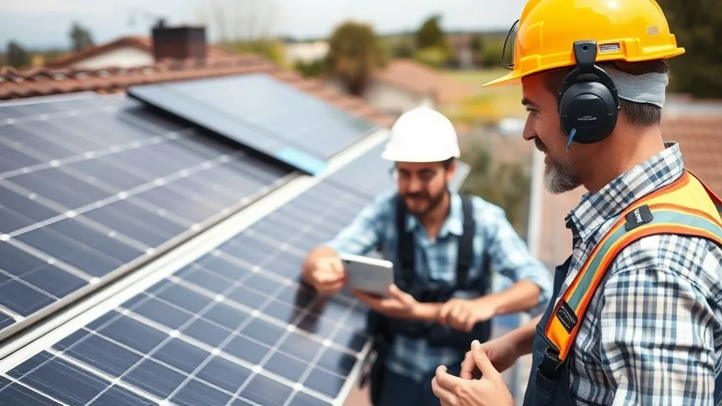 Proprietário inspecionando instalação de painéis solares no telhado ao lado de técnico durante vistoria de recebimento