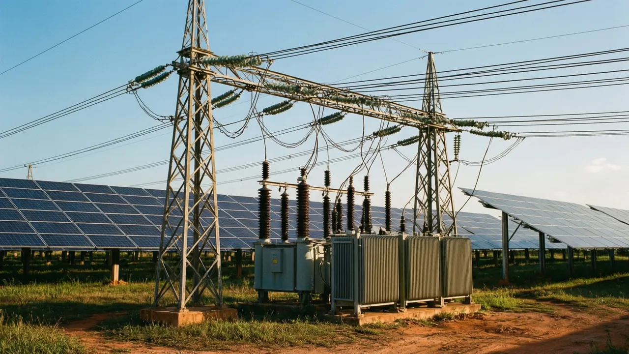Usina solar conectada a subestação com linhas de transmissão ao fundo, representando a geração distribuída de maior porte