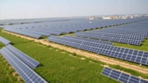Sede da ANEEL em Brasília com bandeira do Brasil ao fundo e usina fotovoltaica em segundo plano