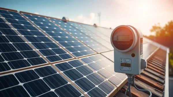 Painéis solares em telhado residencial ao lado de medidor bidirecional, representando autoconsumo simultâneo e injeção na rede
