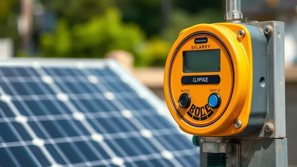 Medidor bidirecional de energia elétrica com fatura solar e painel fotovoltaico ao fundo representando créditos de energia