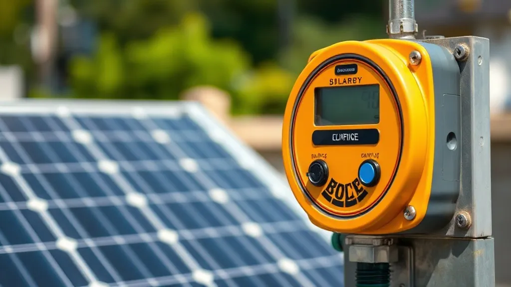 Medidor bidirecional de energia elétrica com fatura solar e painel fotovoltaico ao fundo representando créditos de energia