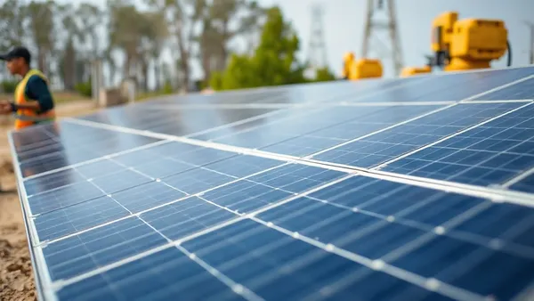 Instalador solar em telhado com painéis fotovoltaicos enquanto aguarda conexão da distribuidora de energia elétrica