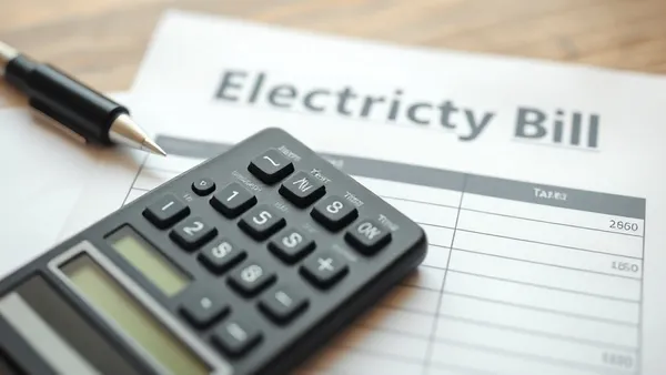 Fatura de energia elétrica ao lado de uma calculadora e documento de imposto representando o ICMS sobre energia solar