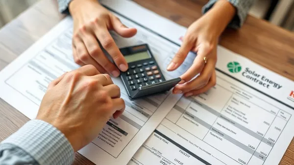 Mãos de consumidor revisando um contrato de instalação de energia solar sobre uma mesa com calculadora e fatura de luz
