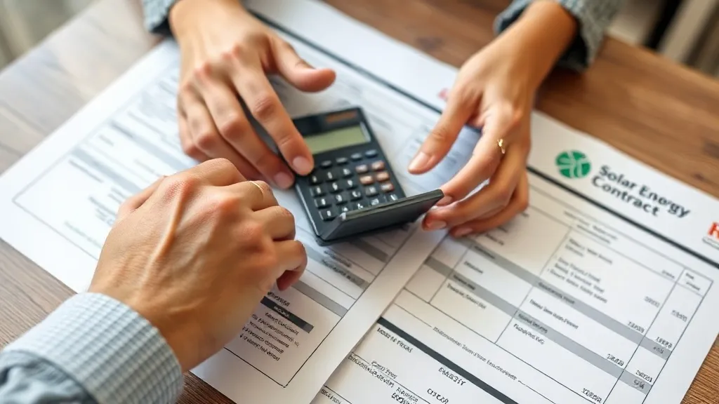 Mãos de consumidor revisando um contrato de instalação de energia solar sobre uma mesa com calculadora e fatura de luz