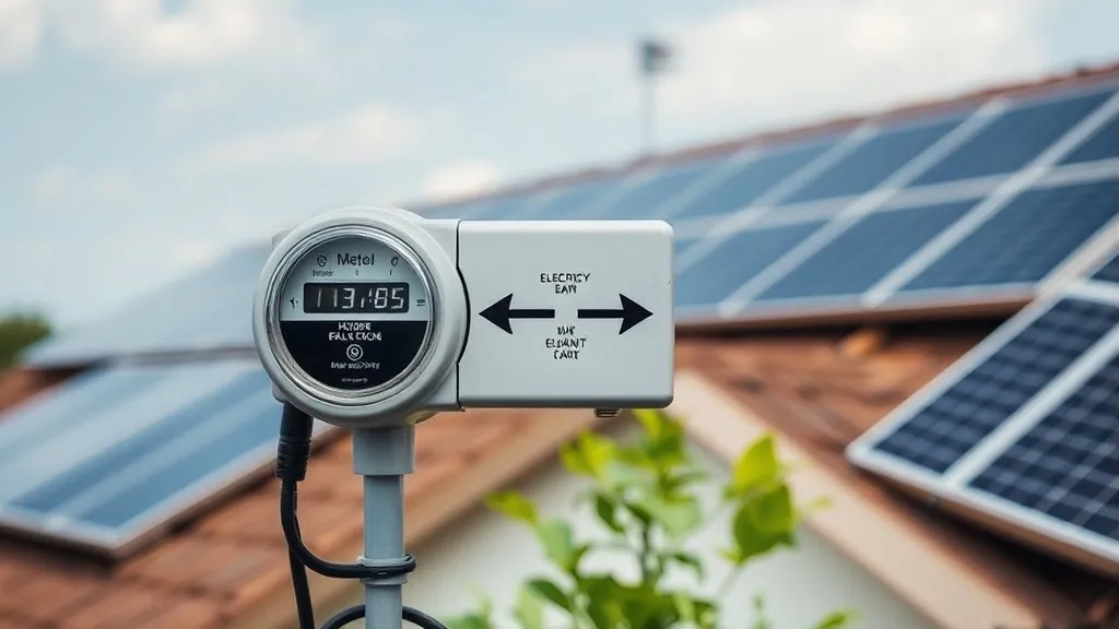Medidor de energia bidirecional instalado em padrão residencial com painéis solares ao fundo no telhado