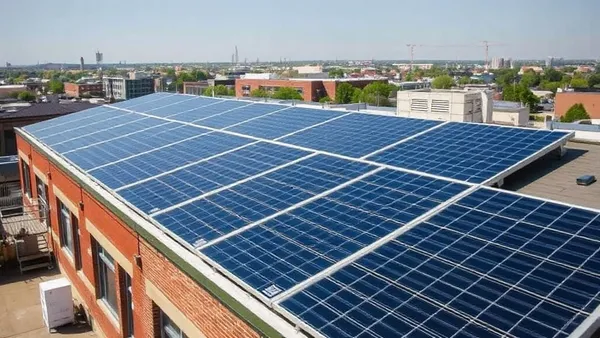 Painéis solares no telhado de prédio comercial de pequena empresa, representando a decisão de instalar o sistema em pessoa física ou jurídica