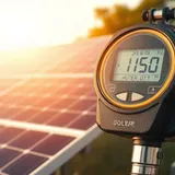 Medidor bidirecional instalado em poste residencial com saldo de créditos de energia destacado em tela, representando portabilidade de créditos solares