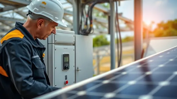 Técnico inspecionando inversor solar conectado ao quadro elétrico residencial com documentação técnica na mão