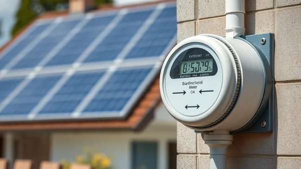 Medidor bidirecional em poste residencial com painel solar ao fundo, representando o sistema de compensação de energia elétrica