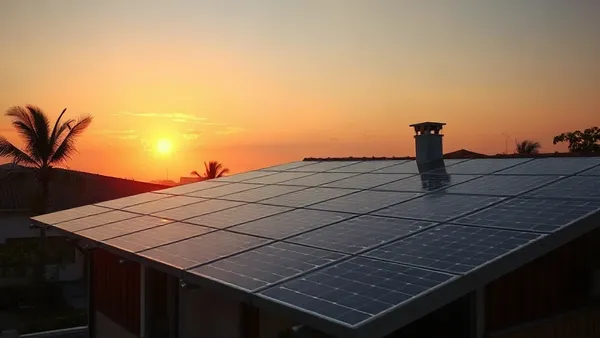Painéis solares em telhado de casa brasileira ao pôr do sol representando o debate sobre taxação da energia solar