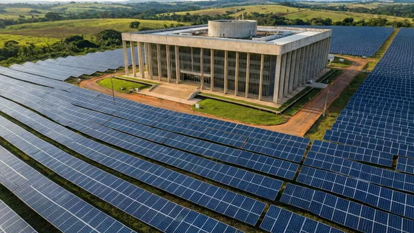 Usina solar de grande porte em área rural do Distrito Federal com fileiras de painéis fotovoltaicos