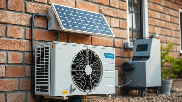 Ar condicionado inverter instalado em parede com painel solar e inversor off-grid ao fundo em instalação rural