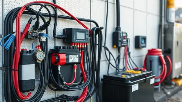 Banco de baterias LFP em configuração 48V em série com cabeamento DC e BMS em sistema off-grid rural