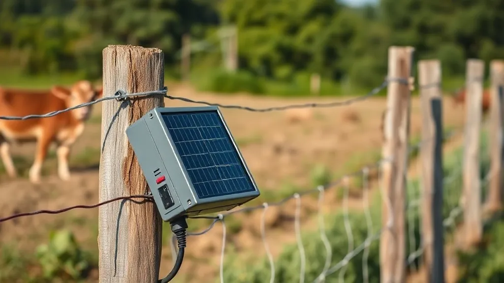 Energizador de cerca elétrica rural conectado a painel solar em propriedade off-grid no interior do Brasil