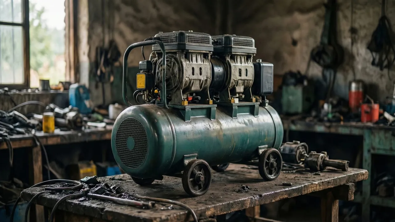 Compressor de ar de pistao instalado em oficina rural isolada da rede eletrica