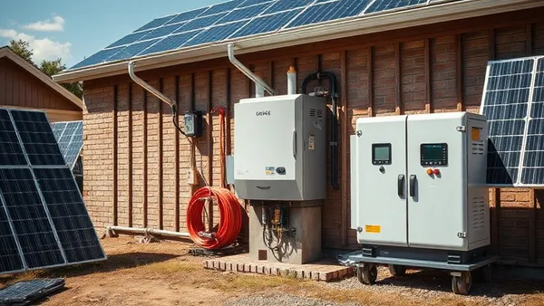 Inversor off-grid e banco de baterias instalados em casa rural isolada da rede elétrica