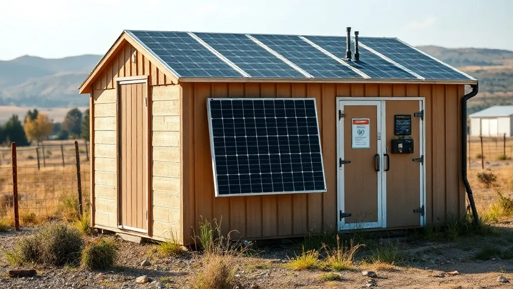 Banco de baterias LFP organizado em rack metálico dentro de abrigo de sistema solar off-grid rural