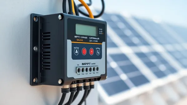 Controlador de carga MPPT conectado a painel solar e banco de baterias em sistema off-grid rural