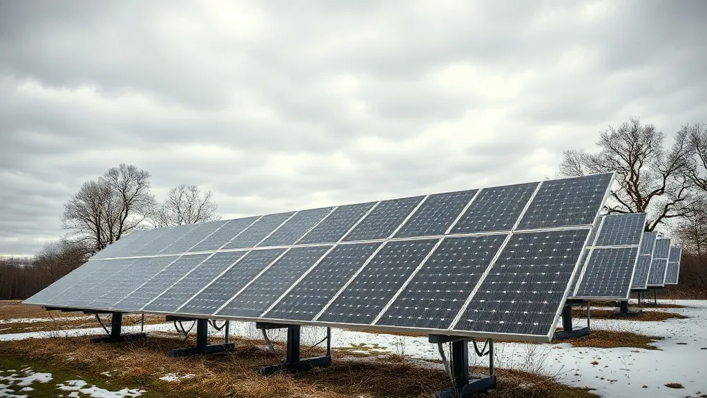 Arranjo de painéis solares off-grid sob céu nublado de inverno em propriedade rural no Sul do Brasil