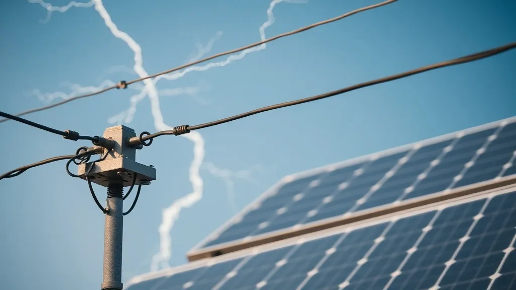 Dispositivo de proteção contra surtos instalado em quadro elétrico de sistema solar off-grid isolado com painel e baterias ao fundo